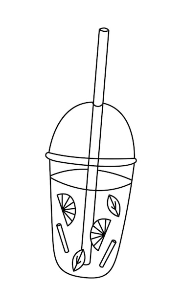 벡터 여름 레모네이드 낙서 레모네이드에 레몬 조각과 민트를 빨대와 함께 유리에 담으세요 여름 음료