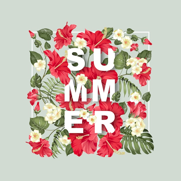 summer lettering on frame, Red hibiscus flower.