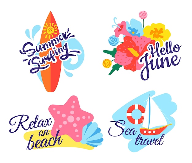 Summer lettering holiday concept surfing board with water waves hello june with beautiful flowers relax on beach label with starfish and shell sea travel badge with sail boat and ring vector set