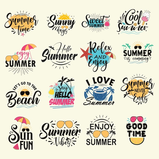 Summer lettering quotes set design holiday travel beach vacation sun vector illustration