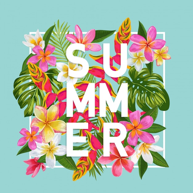 Summer lettering with tropical exotic flowers design illustration