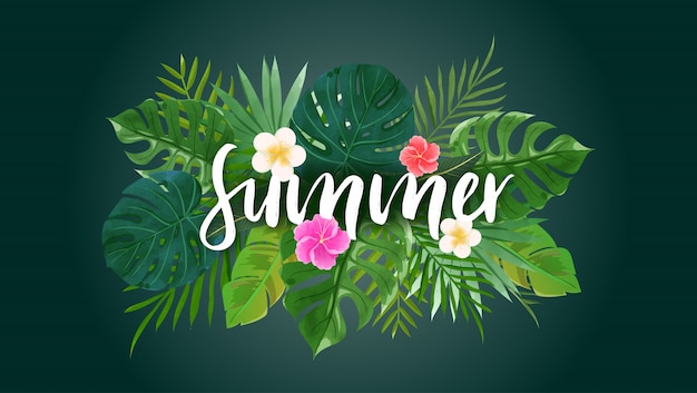 Vector summer lettering with tropical leaves and flowers in green theme.