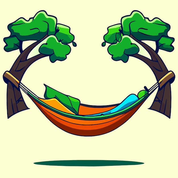 Summer life vector illustration with hammock hanging between green tree brunches