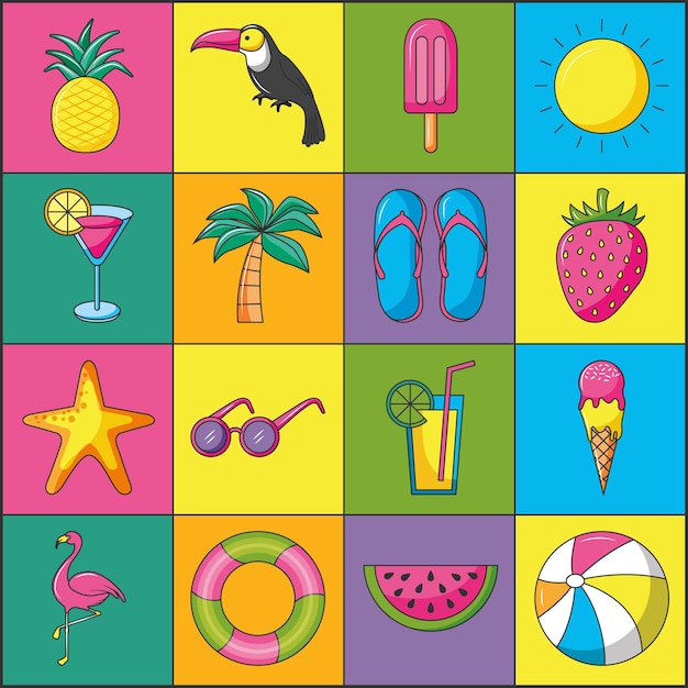 Vector summer linear icons set colorful