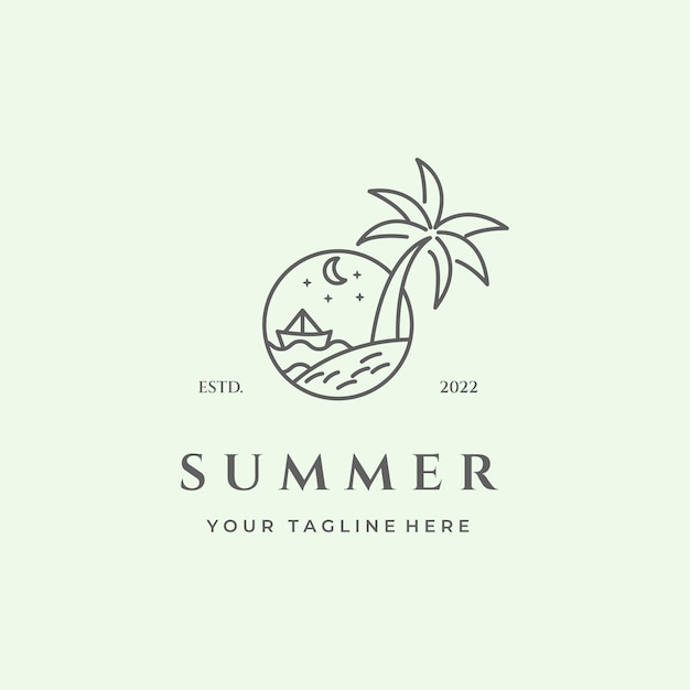 Summer logo line art minimalist travel ocean wave palm tree vector