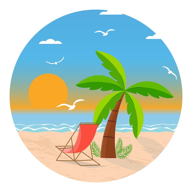 Summer logo with palm and sun lounger on the sandy beach Summer beach illustration