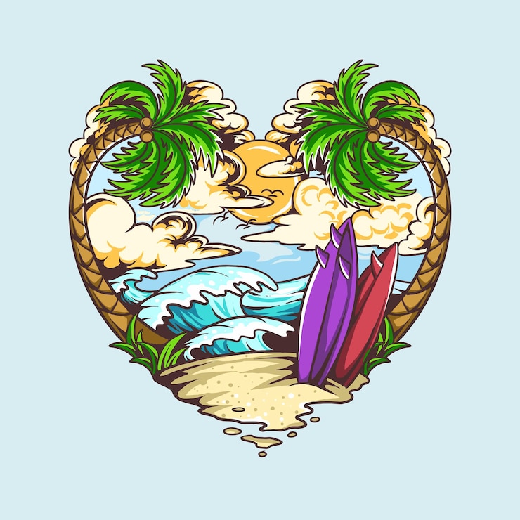 Vector summer love heart shape design contains beach coconut trees and surf boards