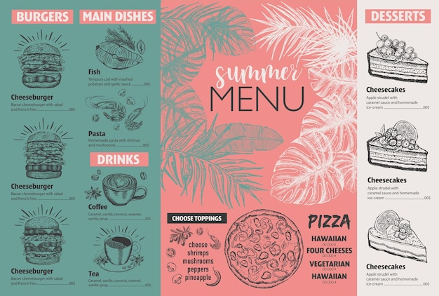 Летнее меню Дизайн меню ресторанной еды Ручной рисунок иллюстраций векторный флаер с едой