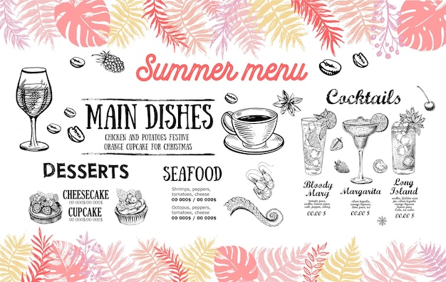 Vector summer menu, template design. food flyer. hand-drawn style. vector illustration.