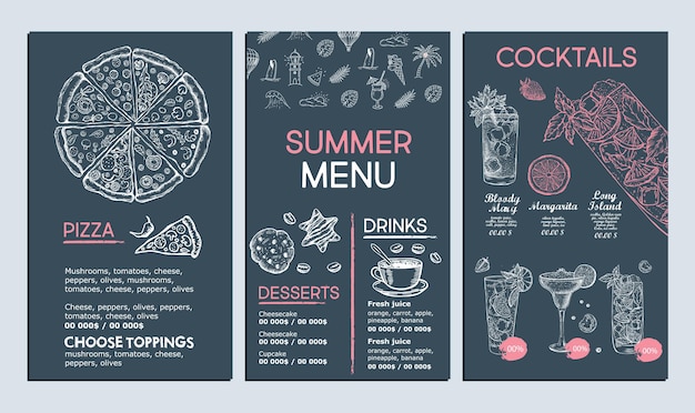 Design del modello di menu estivo volantino alimentare stile disegnato a mano illustrazione vettoriale