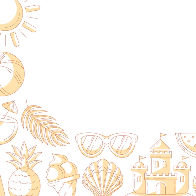 Vector summer minimalist square card monochrome orange beach accessories icons corner border frame space