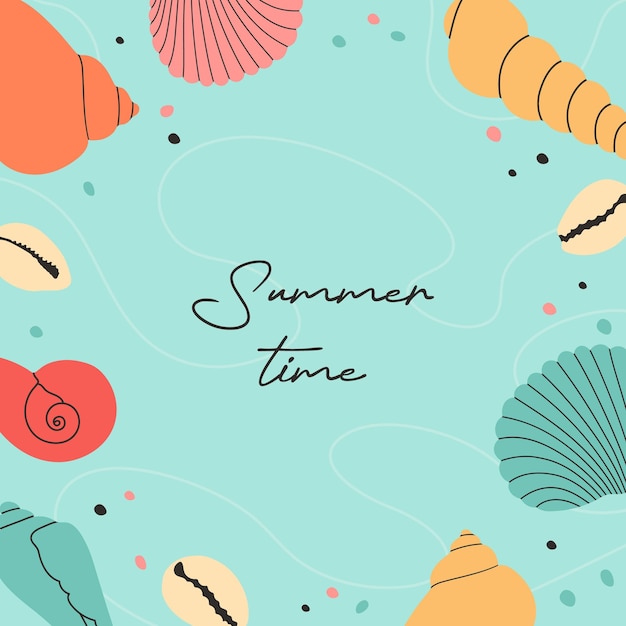 Summer modern background with hand draw colorful seashells starfish and hand written text