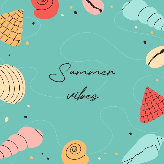 Summer modern background with hand draw colorful seashells starfish and hand written text