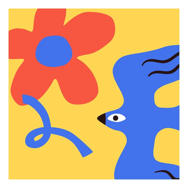 Вектор Карточка летнего настроения с цветком и птицей в минималистичном стиле