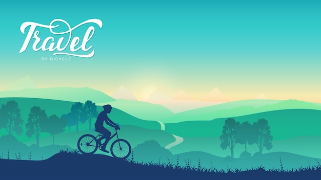 Vector summer morning nature illustration. sport lifestyle of cyclists. cycling tour from mountain