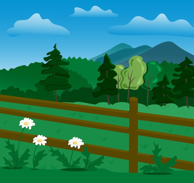 Summer Mountain Landscape Scene Vector with Daisies