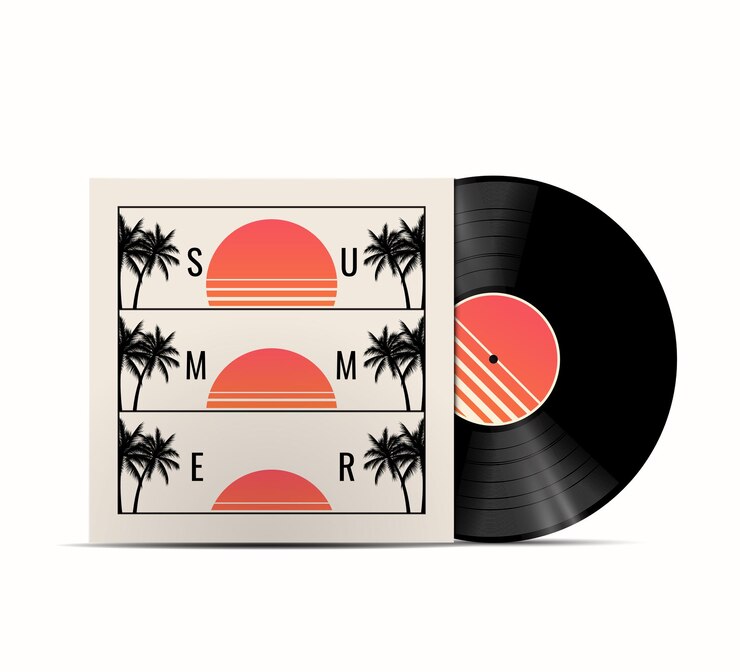 Vector summer music playlist cover concept with realistic vinyl disk mockup with summer sunset on the cover
