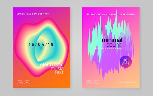 Summer music set Bright electro show brochure template Electronic sound Night dance lifestyle holiday Fluid holographic gradient shape and line Fest poster and flyer for summer music