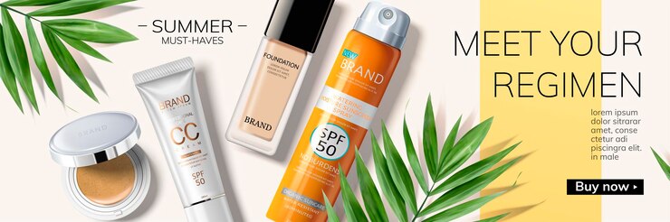 Vector summer must-have products on geometric background with tropical leaves in 3d illustration