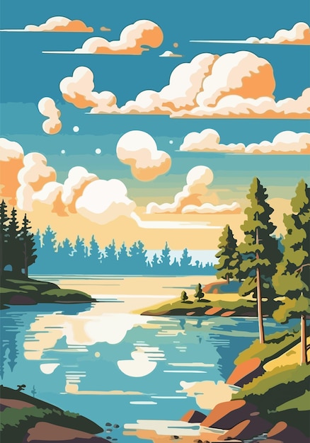 Vector summer nature landscape river forest and sky cartoon drawing art for canvas poster vector illustration generative ai tranquil natural scenery pond lake with stone spruce cloudscape outdoor expedition