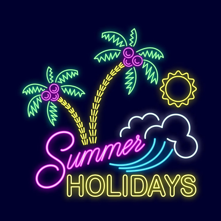 Vector summer neon sign with bright illumination summer holidays signboard bright neon logo emblem light banner palm trees sun tourism and travel vector illustration isolated