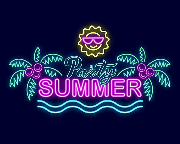 Summer neon sign with bright illumination Summer holidays signboard bright neon logo emblem light banner Party summer poster with decoration elements palm trees Vector illustration isolated