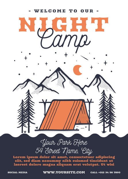 Volantino del campo del festival di notte estiva in formato a4. tent life adventure poster graphic design con scena della foresta e testo. stock retro carta.
