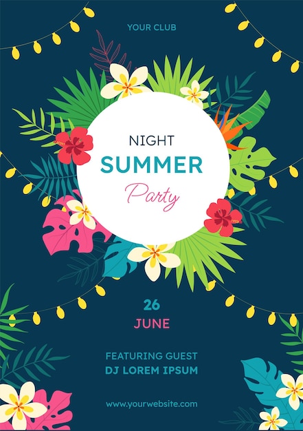 Vettore poster per feste di notte d'estate sfondo blu scuro con lanterne foglie e fiori tropicali banner