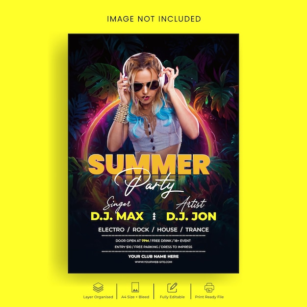 summer night party print flyer or poster template with neon light background