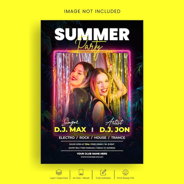 summer night party print flyer or poster template with neon light background