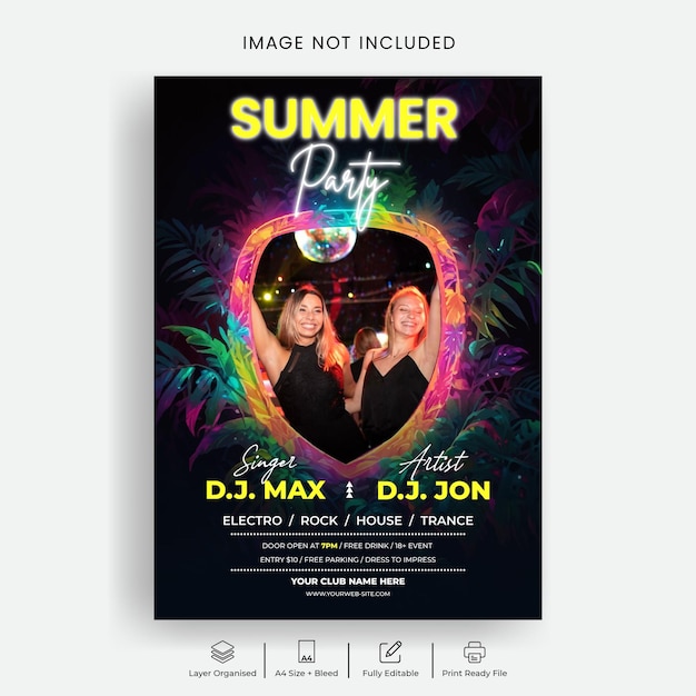 summer night party print flyer or poster template with neon light background