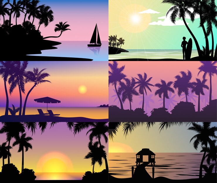 Vector 夏の夜の時間日没休暇自然熱帯ヤシの木シルエットの楽園の島の休日イラストのビーチの風景。