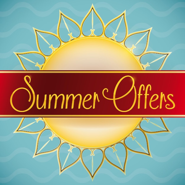 Summer offers poster with a red ribbon and sun shape