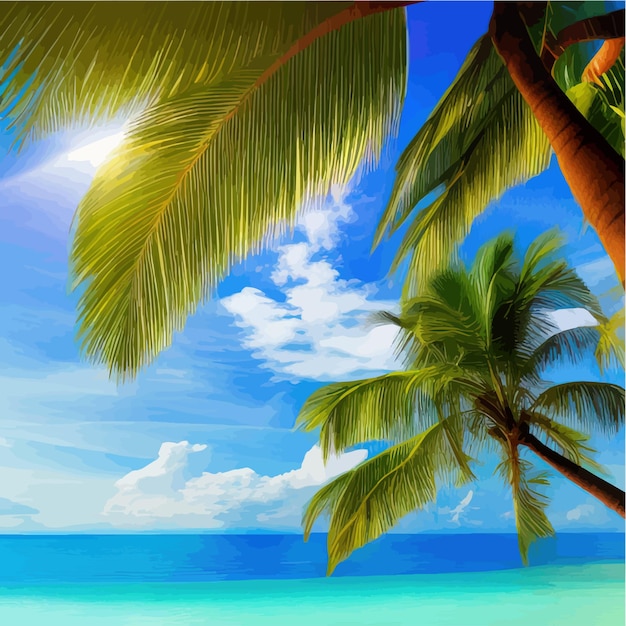 Лето на пляже, пальмы и растения вокруг векторной иллюстрации, летние каникулы на белом побережье моря