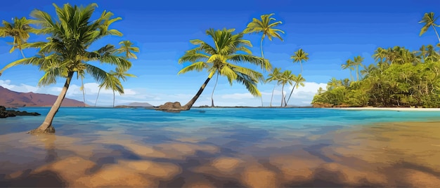 Лето на пляже, пальмы и растения вокруг векторной иллюстрации, летние каникулы на морском побережье