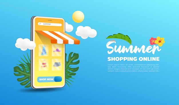 ウェブサイトと携帯電話のデザインの夏のオンラインショッピングストア。