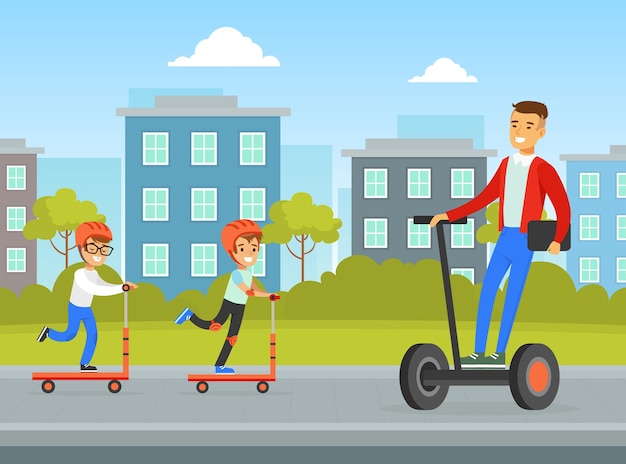 Summer Outdoor Activities Children Riding Kick Scooter Young Man Riding Hoverboard on City Street Cartoon Vector Illustration