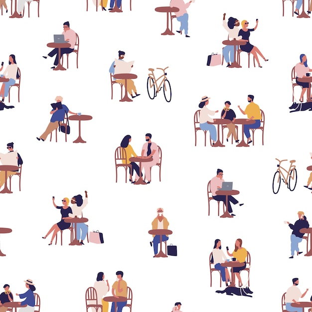 Summer outdoor cafe with relaxing cartoon people seamless pattern. colorful men, women and children spending time together at coffee house vector flat illustration. person leisure at street bistro