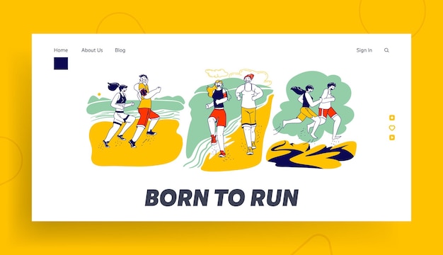 Summer Outdoor Sport Activity Landing Page Template. Happy Couple Characters in Sports Wear Running on Beach. Jogging and Sport Healthy Lifestyle Workout on Seaside. Linear People Vector Illustration