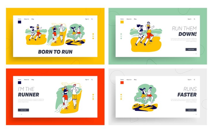 Vector summer outdoor sport activity landing page template set. happy couple characters in sports wear running on beach. jogging sport healthy lifestyle workout on seaside. linear people vector illustration