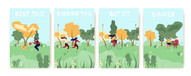 Summer Outdoors Recreation Flat Cartoon Cards Set. Get fit