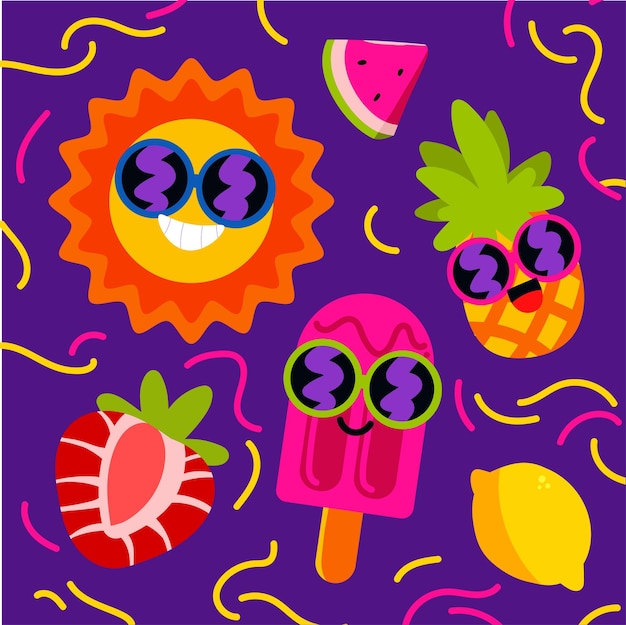 Летний пакет иллюстраций с солнечным эскимо, ананасом, лимоном, арбузом, клубникой, поп-цветами, атмосферой