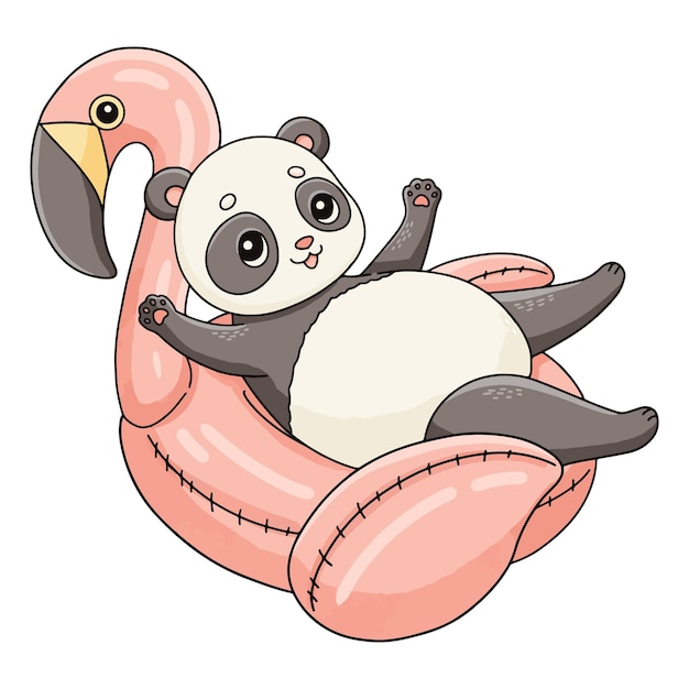 Summer panda on pink flamingo rubber ring vector illustration