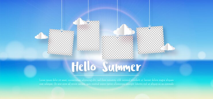 Summer panorama blurred tropical beach bokeh background with hanging blank photo