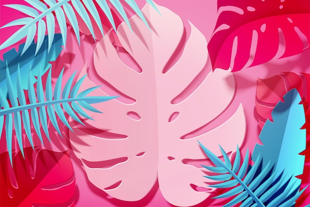 Summer paper art tropical leaves in 3d illustration, fuchsia and blue tone