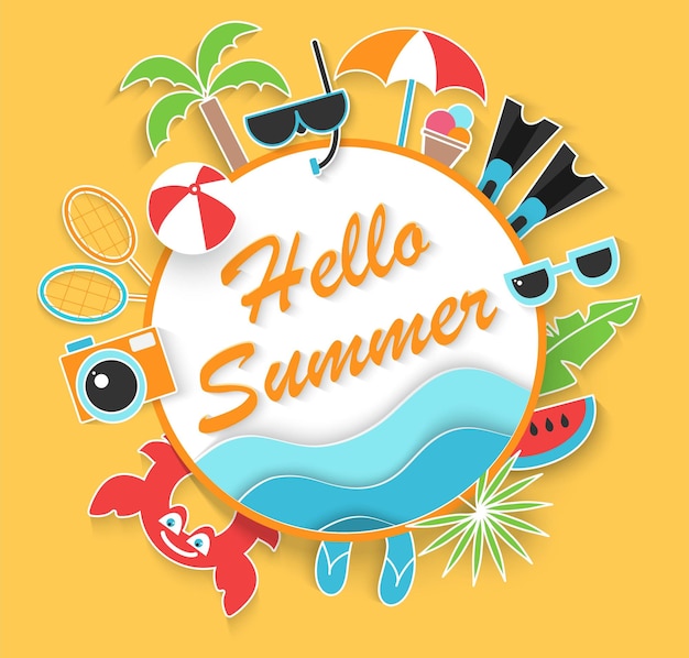 Summer paper cut Hello summer round banner with sea waves and beach elements like snorkel mask.