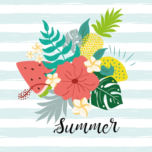 Summer paradise composition with watermelon monstera tropical leaves fruits Cute hand drawn banner