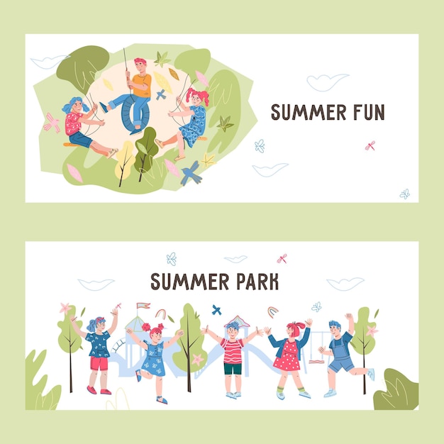 Summer park activity for children advertising banners or flyers set kids summer fun and attractions advertisement cartoon flat vector illustration