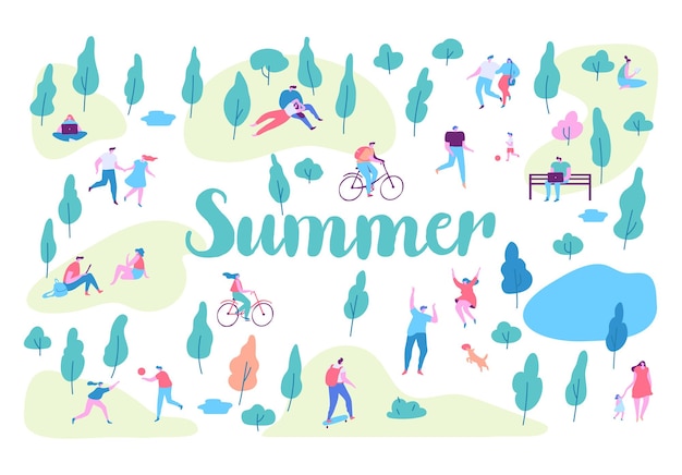 Summer park Different People outdoor activities flat vector illustration