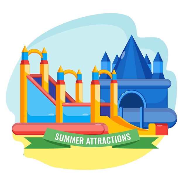 여름 공원은 성의 화려한 벡터 포스터 모양으로 관광 명소 컬렉션을 부풀렸습니다. 아이들의 오락을 위한 탄력 있는 장비.